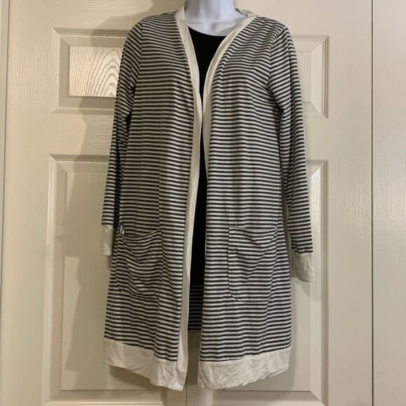 TICKLED TEAL, smock, large, great condition, gray stripes, front pockets - Picture 1 of 11